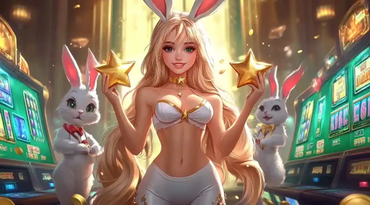 Blonde bunny character with golden stars showcasing casino slot machines and gaming