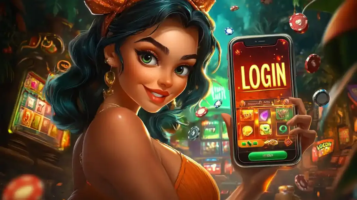 Woman presenting mobile casino login screen in colorful gaming environment