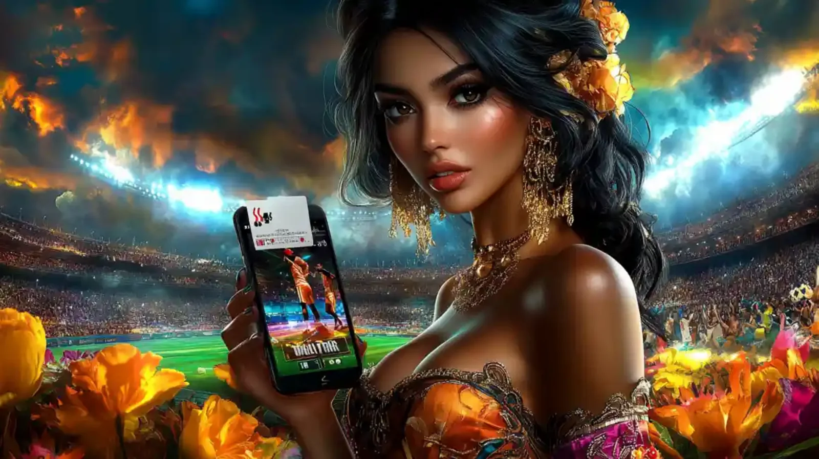 Woman displaying mobile cricket betting app at vibrant stadium celebration in Bangladesh